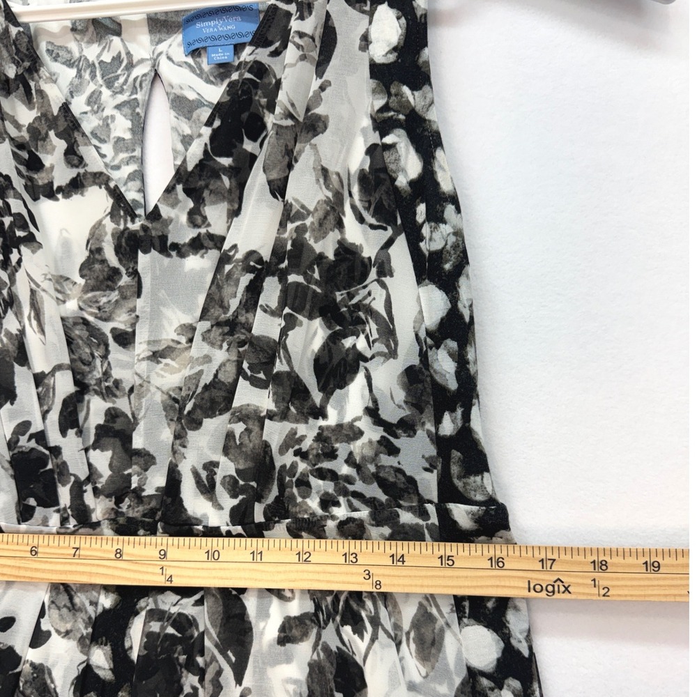 Simply Vera Vera Wang High Low Dress Womens L Black White Floral Chiffon V-Neck - Picture 5 of 9